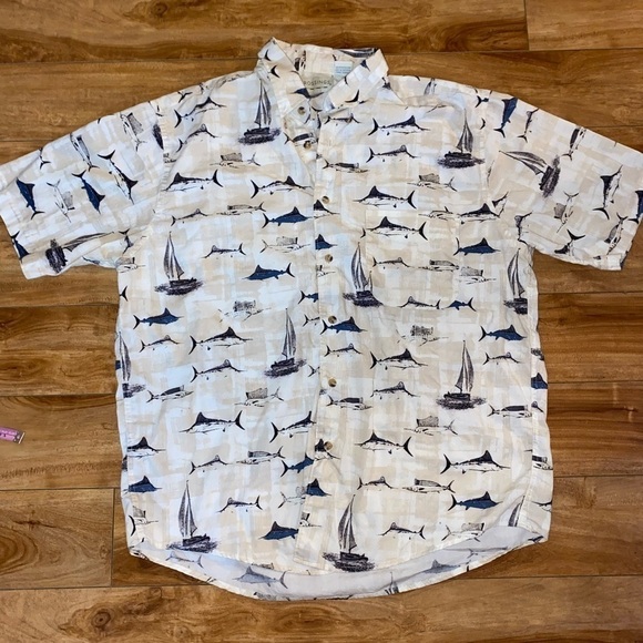 CROSSINGS Mens Shark/Ship Pattern Full Button-Up Collard Shirt Size Large - Picture 10 of 15